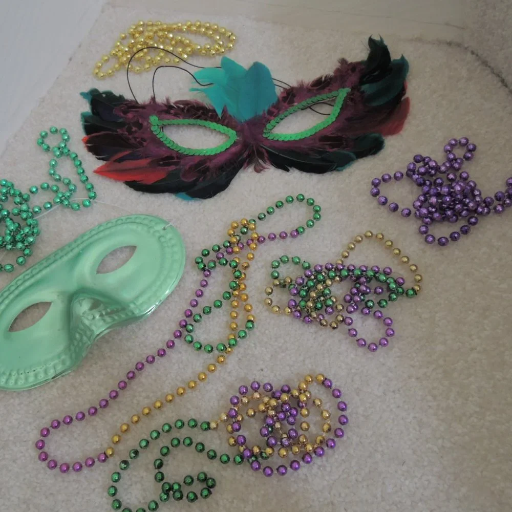 Mardi Gras Masks Beads LOT 24 Necklaces + 2 Bourbon Street Party Masks NEW